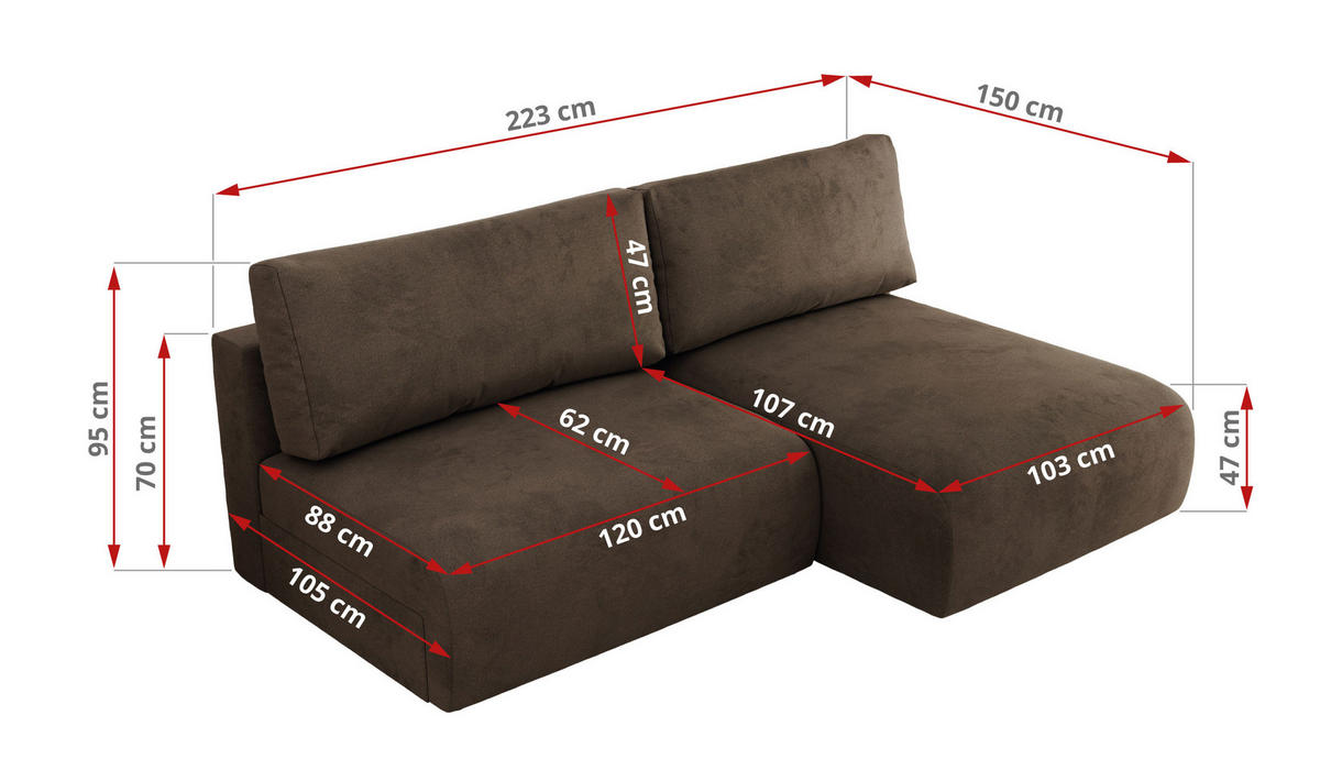 ECKSCHLAFSOFA VIVO L Braun Velvet - rechts - Schwarz/Braun, Kunststoff/Textil (150/223cm) - MKS