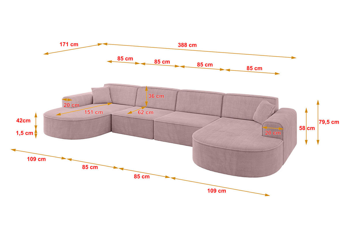 WOHNLANDSCHAFT MARI-U2 - 388x171x79 cm Rosa Cord - Schwarz/Rosa, Holzwerkstoff/Kunststoff (388/79/171cm) - ALTDECOR