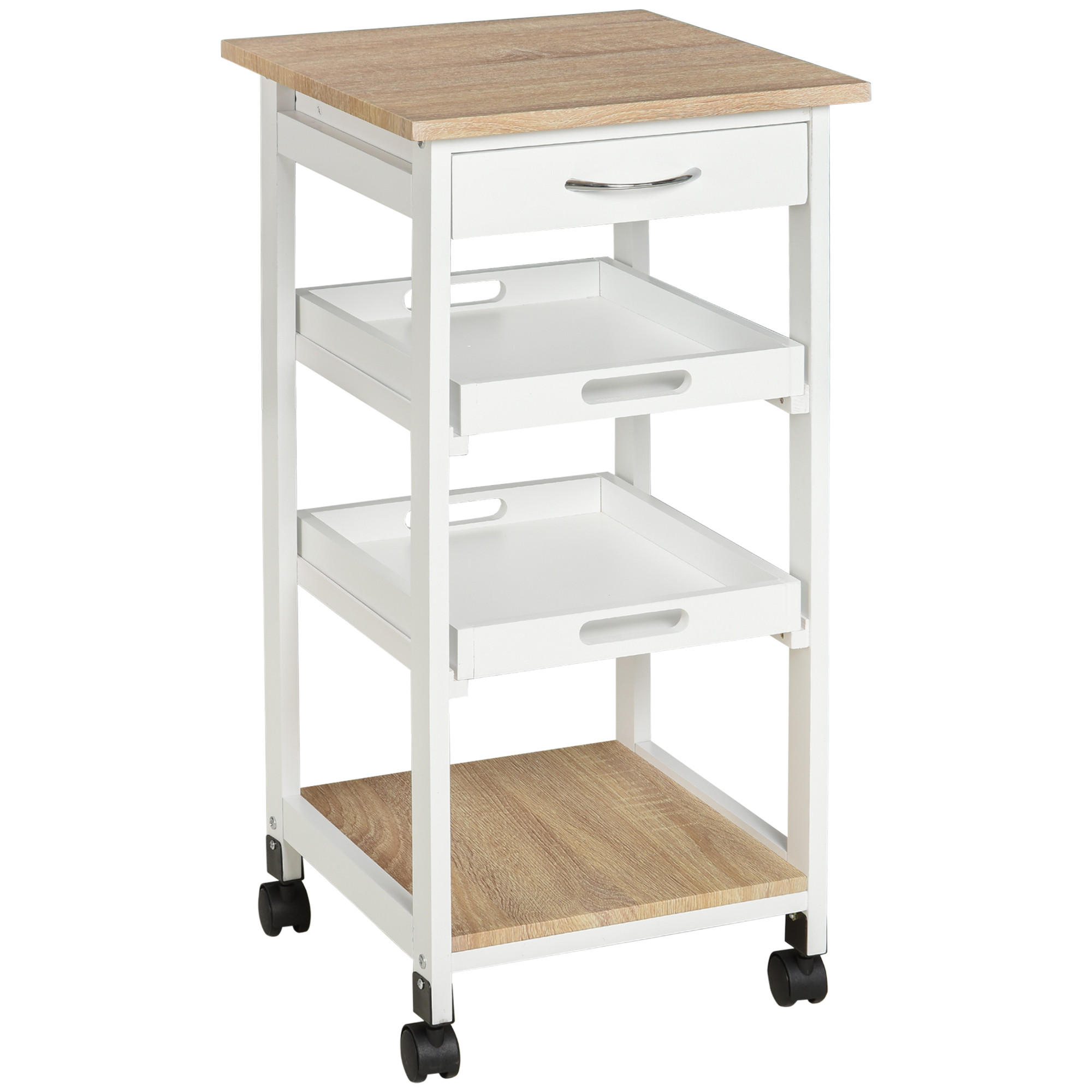 KÜCHENWAGEN, Küchenwagen mit 2 abnehmbaren Tabletts, Schublade und Ablage, Eichen- und Kiefernholz - Multicolor, Metall (37/76/37cm) - FORIOUS