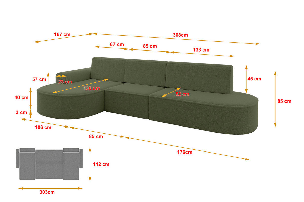ECKSOFA mit Schlaffunktion Ottomane Links MARI L2-S 368X167X85 Grün Bouclé - Schwarz/Grün, Holzwerkstoff/Kunststoff (368/167cm) - ALTDECOR