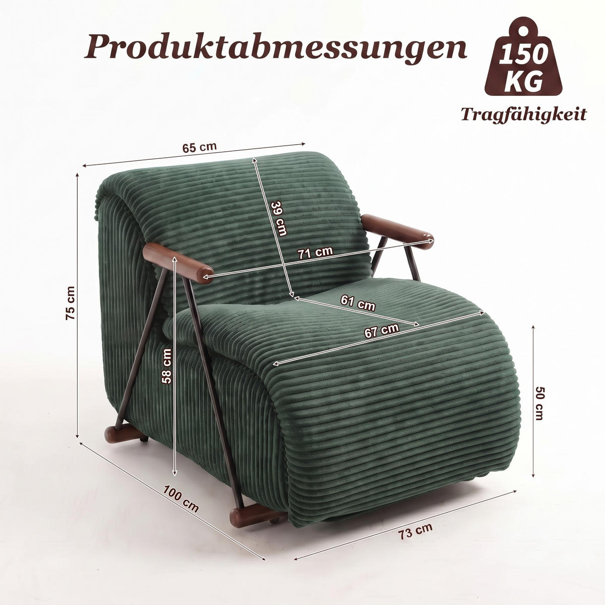 XXL-SESSEL mit Armlehnen, Cord Loungesessel, Ergonomisch, Grün - Grün, Textil/Metall (73/75/100cm) - LVHOM