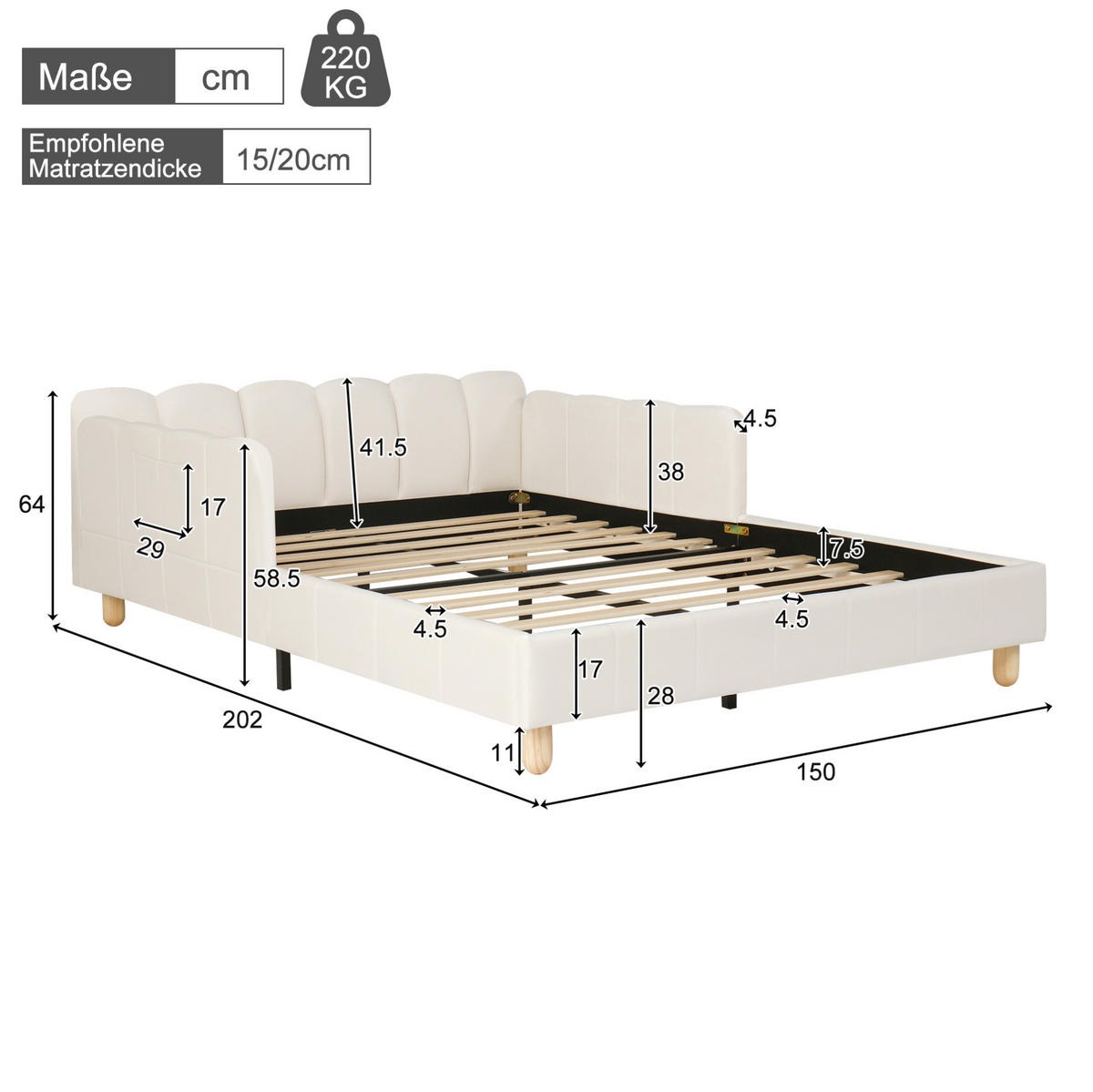 KINDERBETT 140/200 cm aus Samt mit gepolstertem Kopfteil, flexiblem Rausfallschutz und Taschen, Beige - Beige, Textil (140/200cm) - Redom
