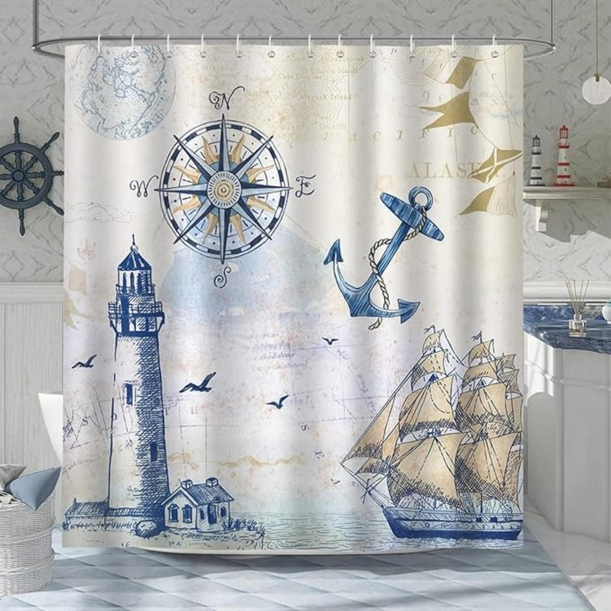 DUSCHVORHANG nautisch Leuchtturm Segelboot Polyester schimmelresistent wasserdicht waschbar mit Haken - Gelb, Textil (180/180cm) - MCBOSON
