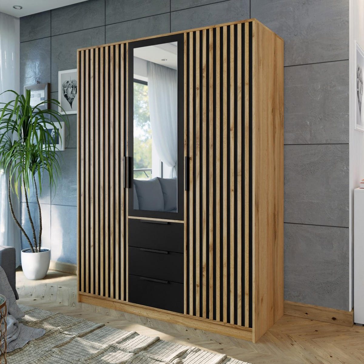 DREHTÜRENSCHRANK Bueno Lux mit 3 Türen und 3 Schubladen, eiche Wotan - Eiche Wotan, Holzwerkstoff (150/200/58cm) - Beautysofa