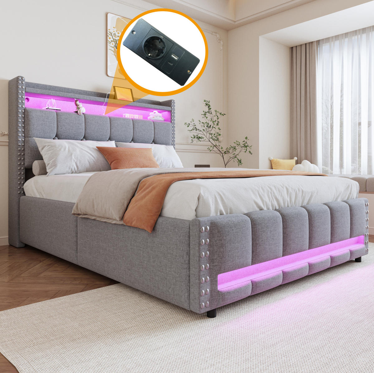 ČALÚNENÁ posteľ z ľanovej látky 140x200 cm svetlosivá s LED osvetlením, USB portom a úložným priestorom - svetlosivá, textil (140/200cm) - Modfu