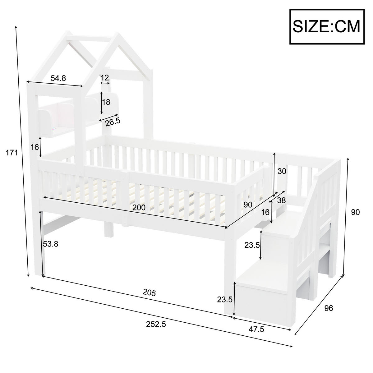 KINDER-HOCHBETT 90 x 200 cm mit Dach, USB und LED, Weiß - Weiß, Holz (90/200cm) - FLIEKS