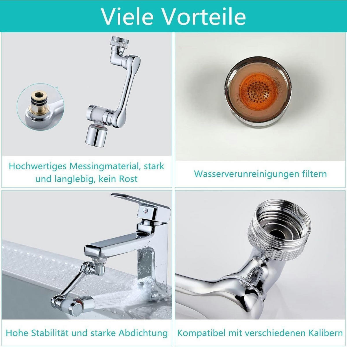 WASSERHAHNAUFSATZ mit Filter 1080° drehbar - Silberfarben, Metall (9.5/3/30cm)