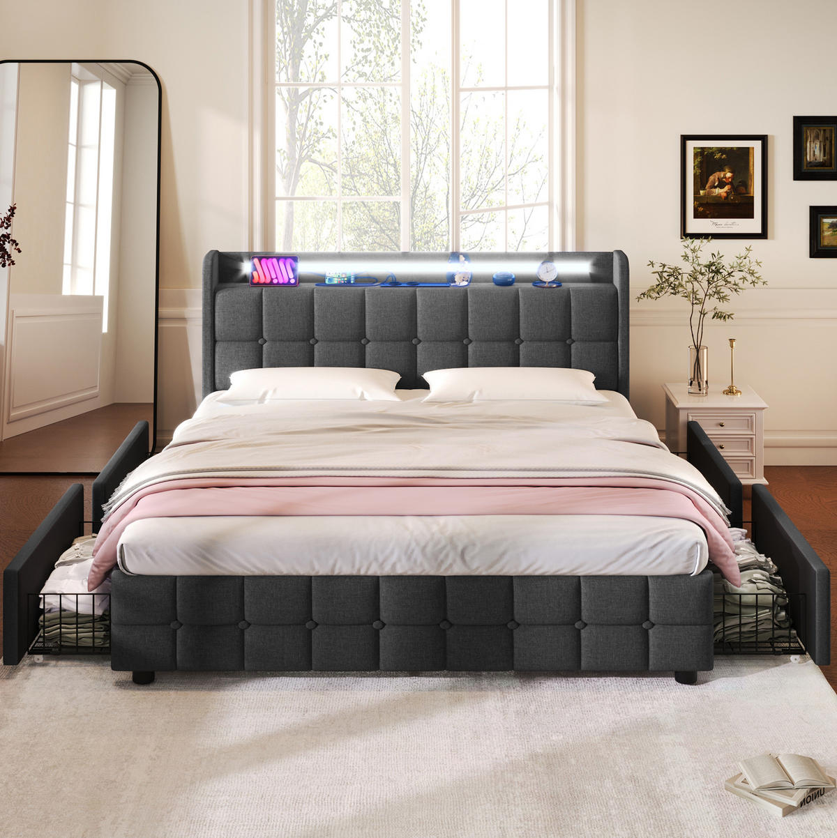 POLSTERBETT mit USB und LED 180x200 cm Grau mit 4 Schubladen - Grau, Holz (180/200cm) - Meubliv
