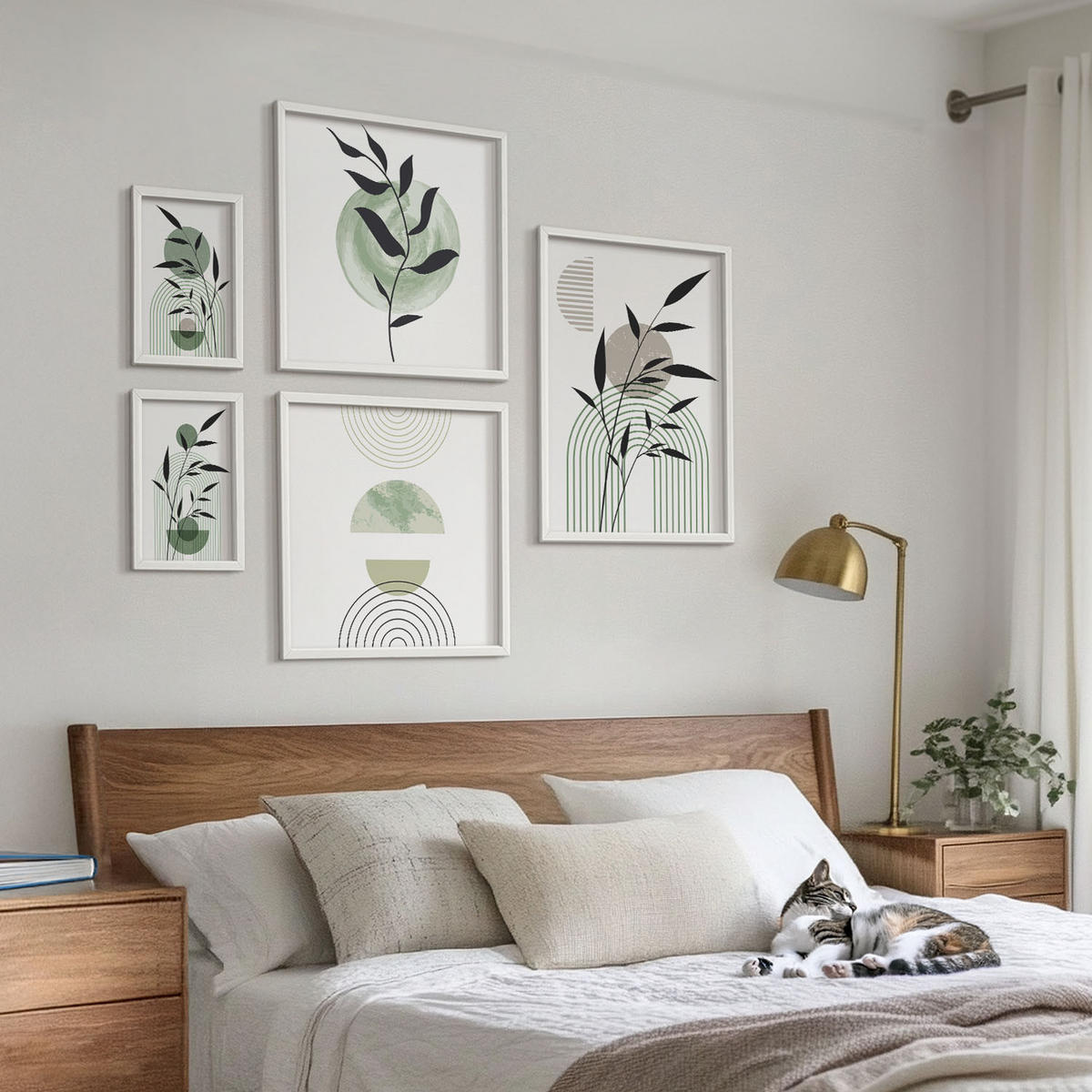 WANDBILDER 5er-Set - 50x50 cm & 20x30 cm & 40x60 cm Weißer Rahmen - Boho-Pflanzenkompositionen - Weiß, Kunststoff (40/60cm) - ArtPrintCave