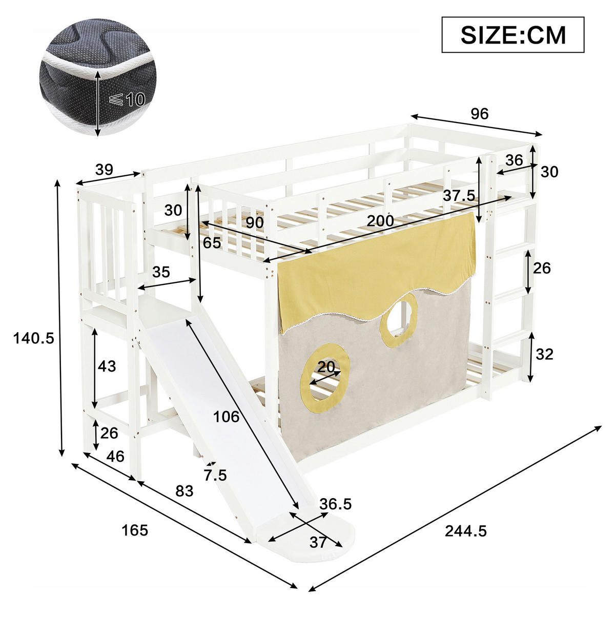 KATNI krevet od borovine i MDF-a 90x200 cm bijeli sa stepenicama, toboganom i zavjesama - bijela, drvni materijal (90/200cm) - Modfu