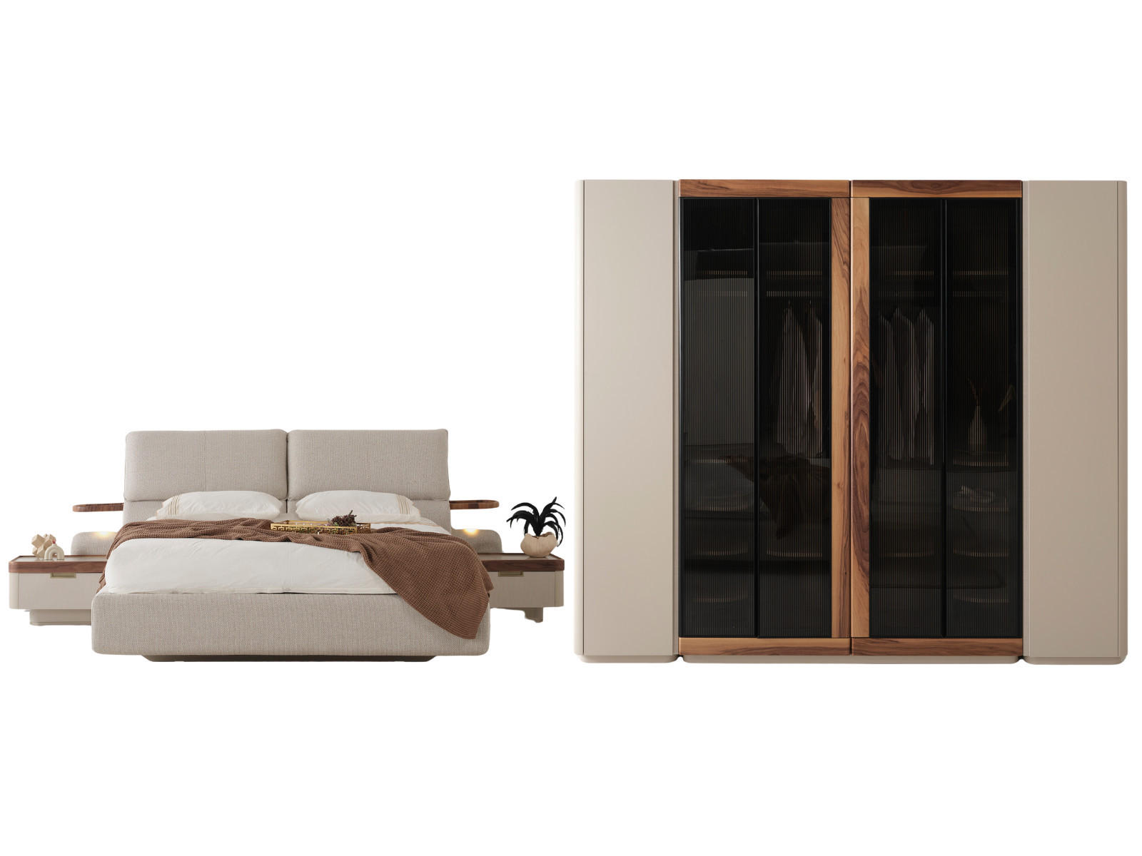 BETTANLAGE Estella Typ-3 Bett mit Kopfteil, 2 Nachttische und Kleiderschrank - Creme, Holzwerkstoff (160/200cm)