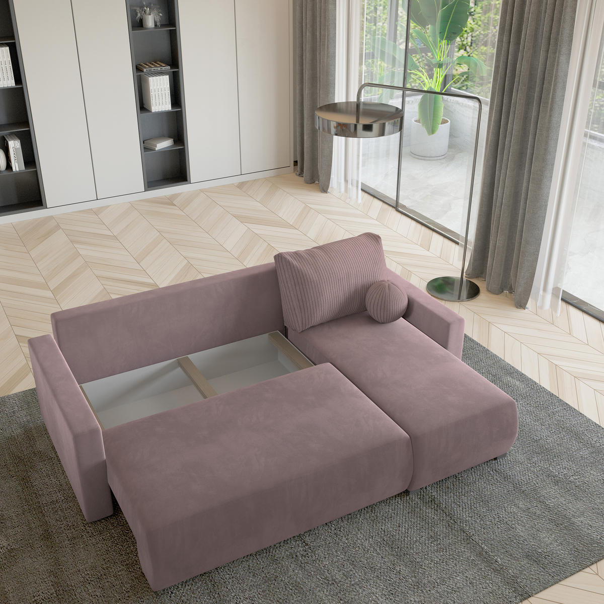 ECKSOFA SORGE Rosa Plüsch-Stoff mit Schlaffunktion - Rosa, Holz (220/143cm) - MASSENO