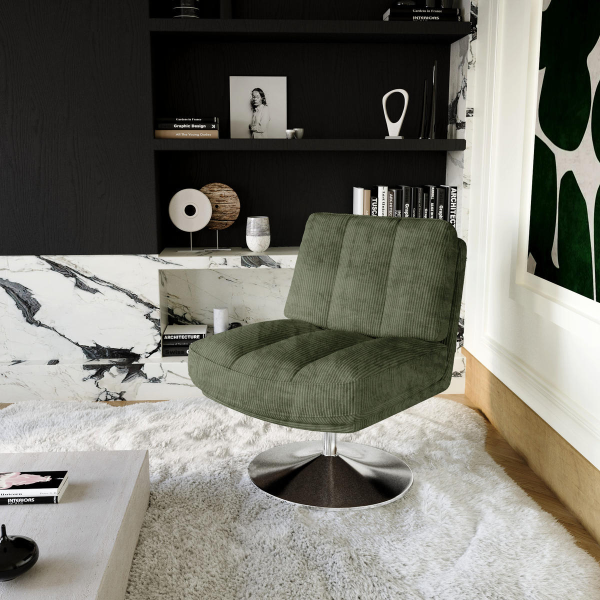 SESSEL Gerippter Samt Retro-Grün 60.14cm - Dunkelgrün/Grün, Textil (60.14/80/74cm) - Sia Home