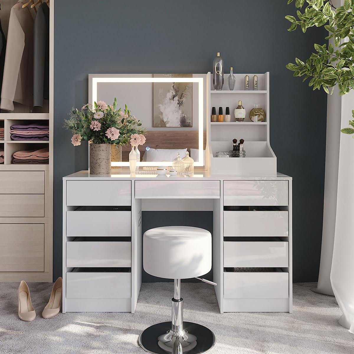 SCHMINKTISCH Sherry Weiß/Weiß Hochglanz 128.2 cm 4 Teile - Weiß Hochglanz, Holzwerkstoff (128.2/76/50.1cm) - Vicco