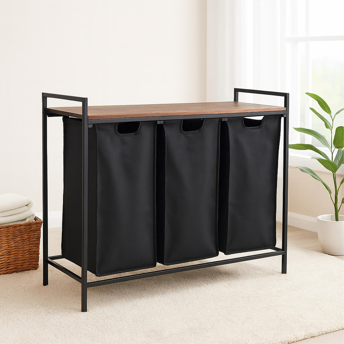 WÄSCHESAMMLER - Schwarz, Holzwerkstoff/Textil (92.5/72/33cm) - Relaxdays