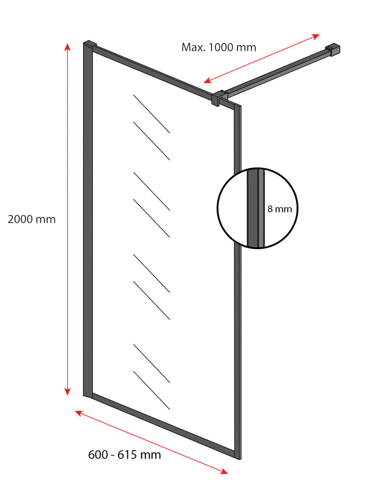 DUSCHWAND Georgia - 60 x 200 cm - Schwarz - Walk-In Duschabtrennung aus Sicherheitsglas - Schwarz, Glas (60/200cm) - Badplaats