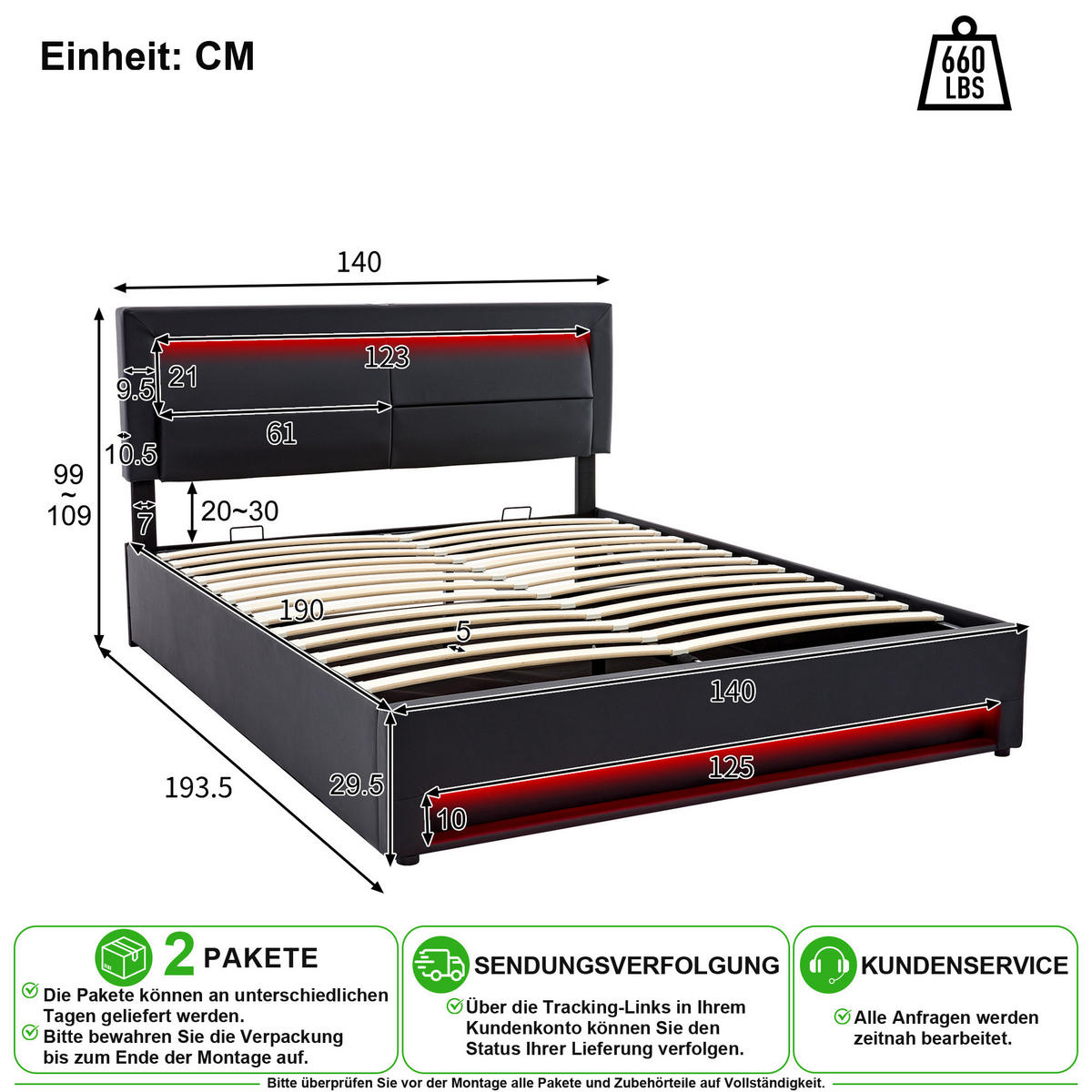 POLSTERBETT 140/190 cm in Schwarz mit Stauraum, LED und USB - Schwarz, Holzwerkstoff/Textil (140/190cm) - CHICFURN