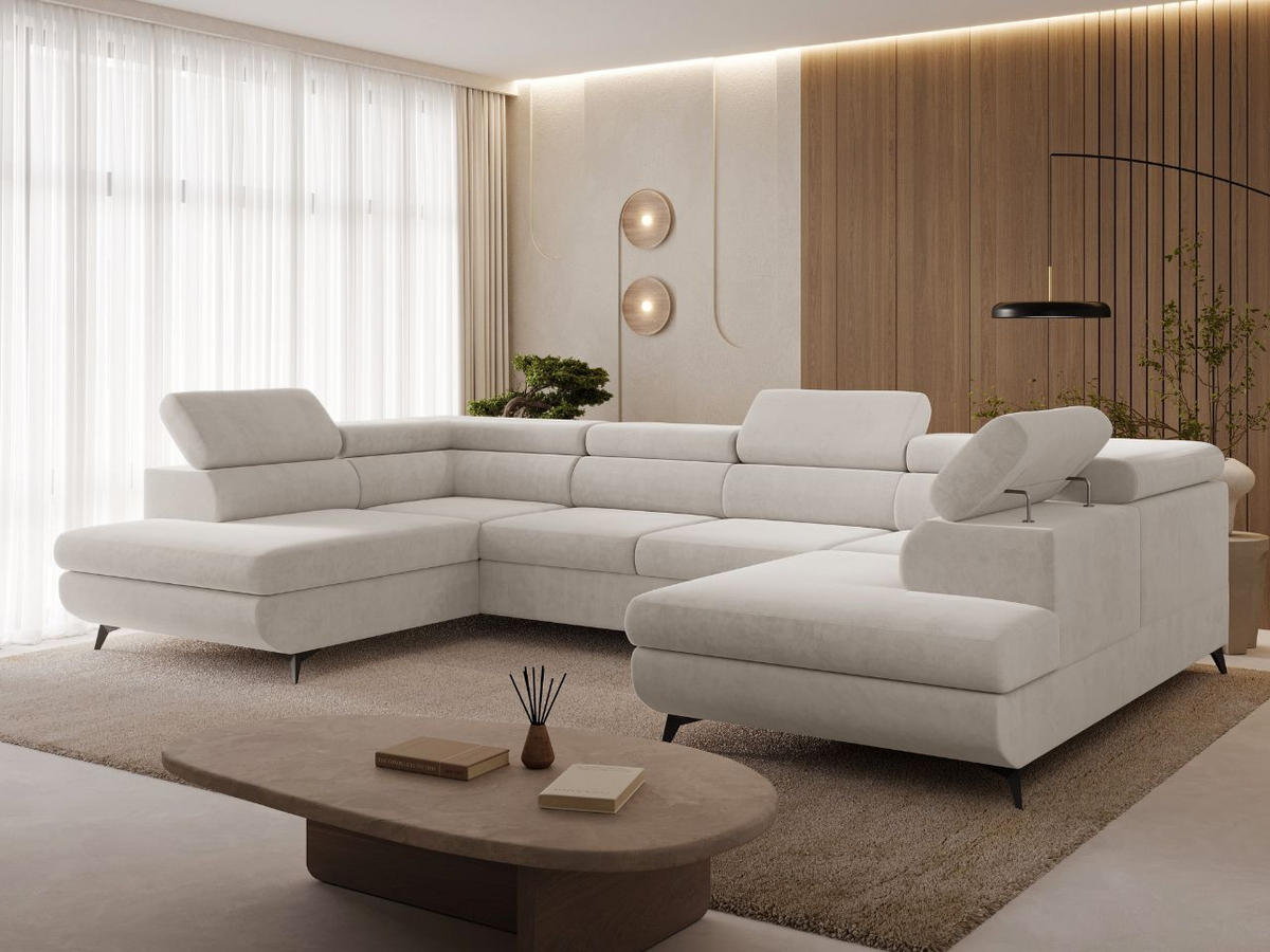 ECKSOFA U Argon Ecru - Ecru/Schwarz, Holz/Textil (322/190cm) - Graingold