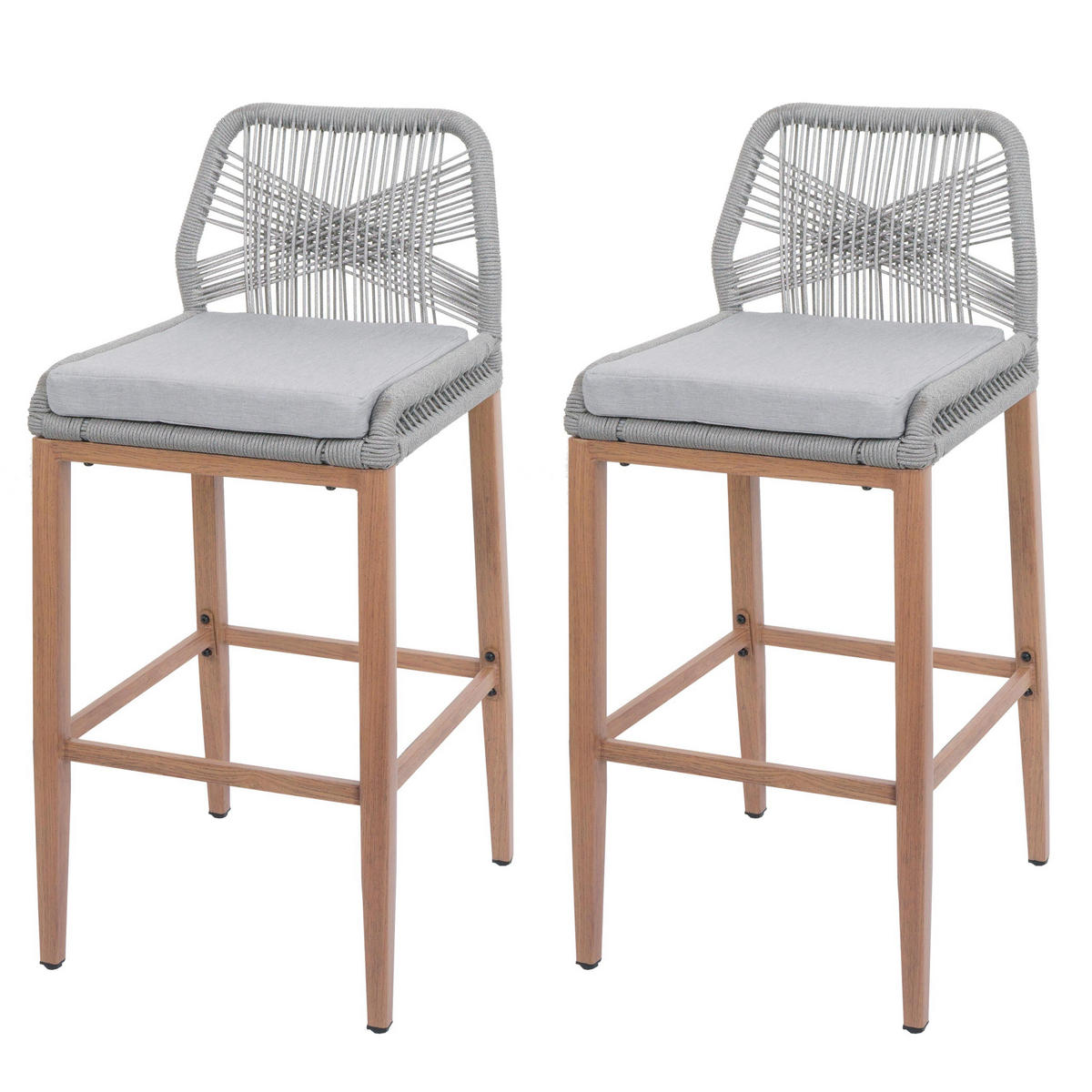 GARTENSTUHL 2er-Set HxBxT 101x45x50cm Sitzhöhe 76cm Hellgrau Kissen Hellgrau Seilgeflecht Metall Holz-Optik - Hellgrau, Metall (45/101/50cm) - PROREGAL