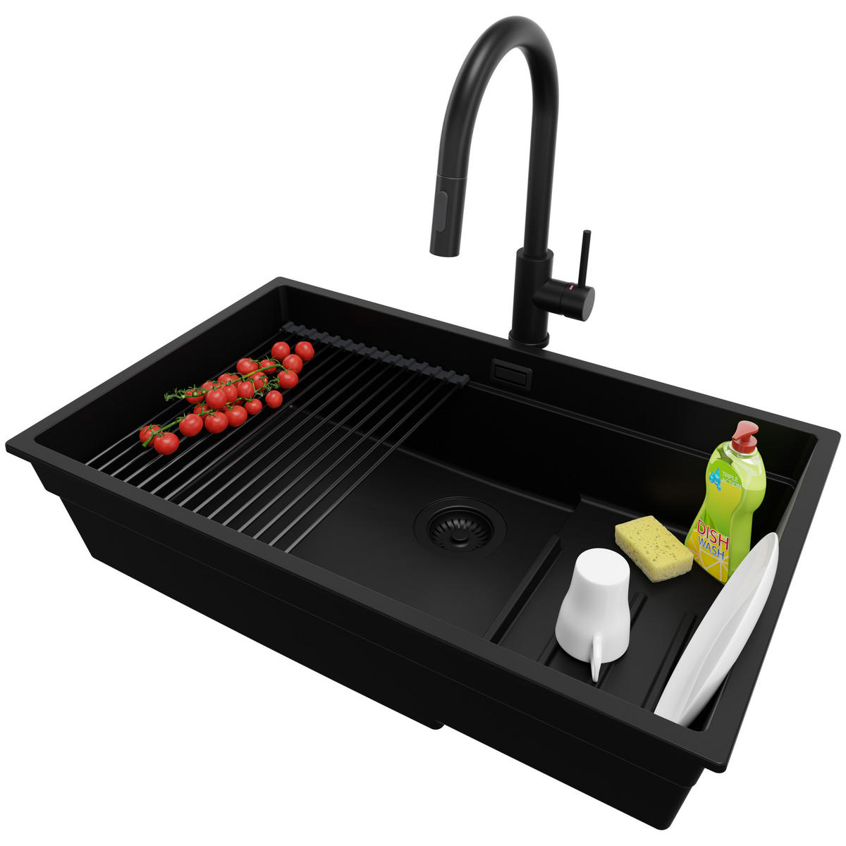 GRANITSPÜLE Praga Slim, 2-er set Schwarz 76/47 cm 1 Becken + Küchenarmatur 40/20 cm + Ablauf-Set + Aufrollbare Abtropffläche ab 80er Unterschrank - Schwarz, Kunststoff (76/20/47cm) - Primagran