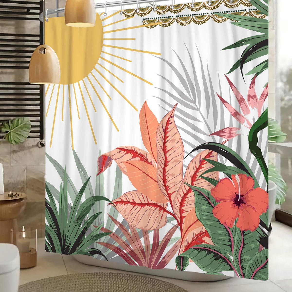 DUSCHVORHANG modern Blätter Grün Weiß abstrakt waschbar wasserdicht mit Haken - Multicolor, Textil (180/180cm) - MCBOSON