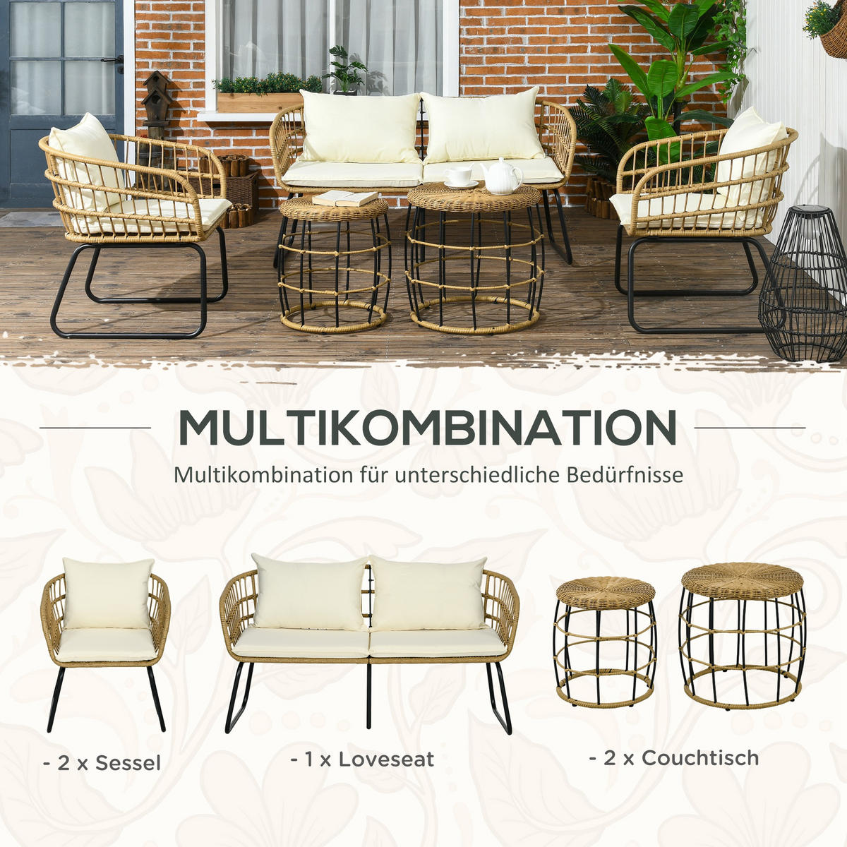 GARTENMÖBEL-SET mit Kissen, für Garten, Terrasse, Stahl, Beige - Beige, Kunststoff - Outsunny