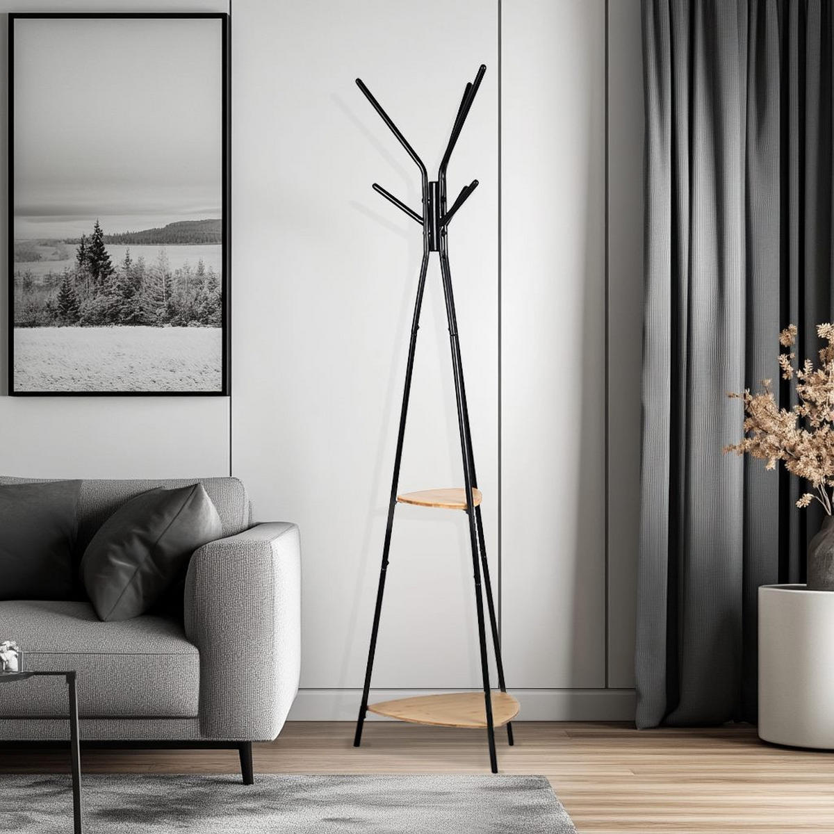 KLEIDERSTÄNDER Bambusoptik Metall Dunkelbraun Schwarz mit Ablagen 179×49 cm - Schwarz/Naturfarben, Holzwerkstoff/Metall (49/179/49cm) - Begryf