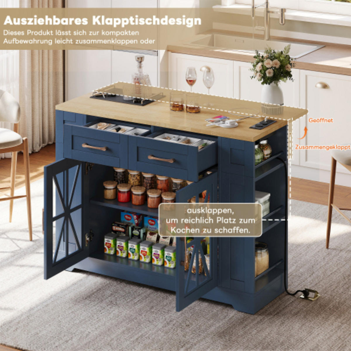 KÜCHENINSEL Blau-Neutral aus MDF mit klappbarer Erweiterungsplatte, Steckdosen und Laufrollen 120 × 40(65) × 92 cm - Blau, Holzwerkstoff (120/92/65cm) - Luhomfu