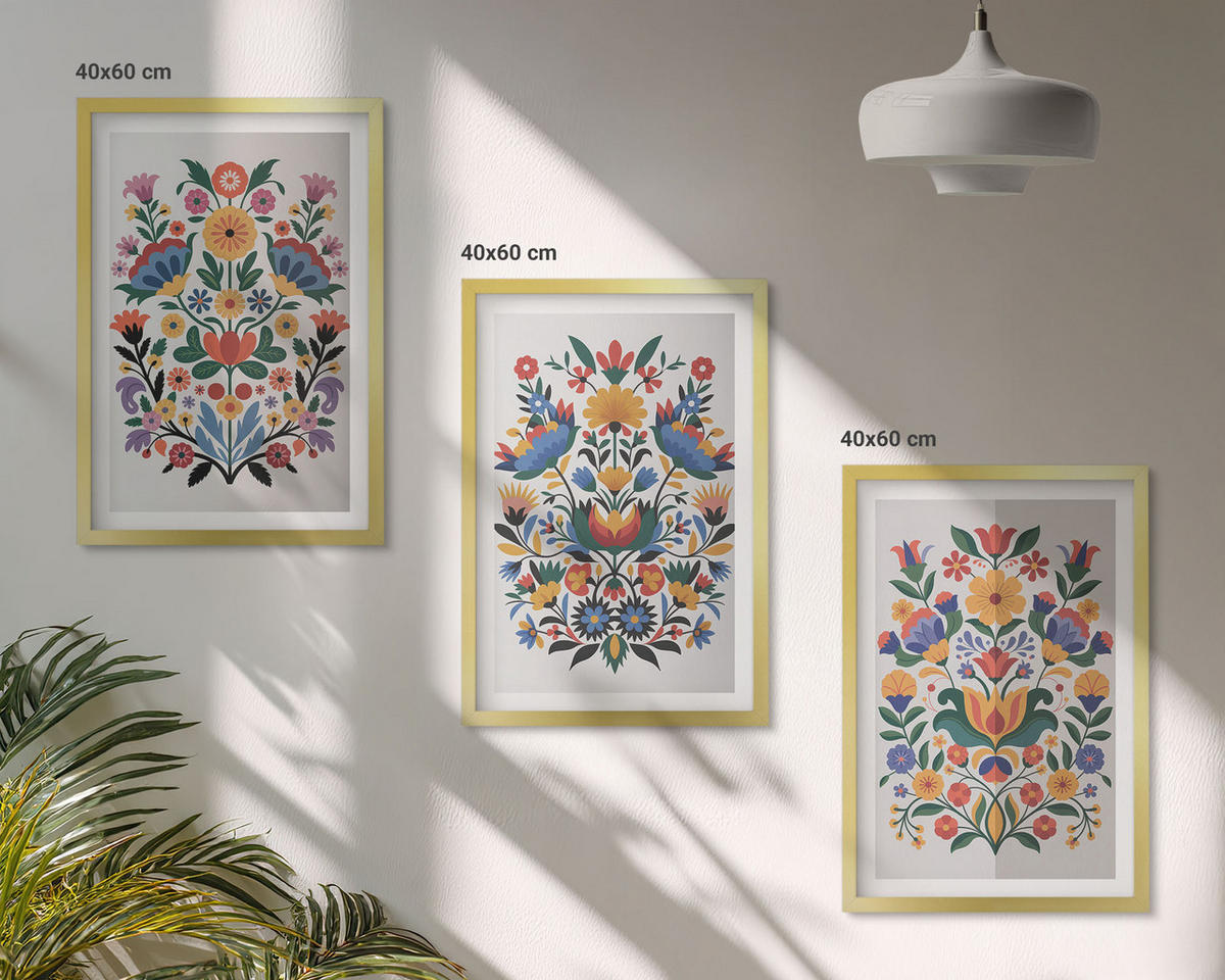 BILDER SET 3er Set - 40x60 cm Goldrahmen - Blumenmuster in intensiven Farben - Goldfarben, Kunststoff (40/60cm) - TULUP