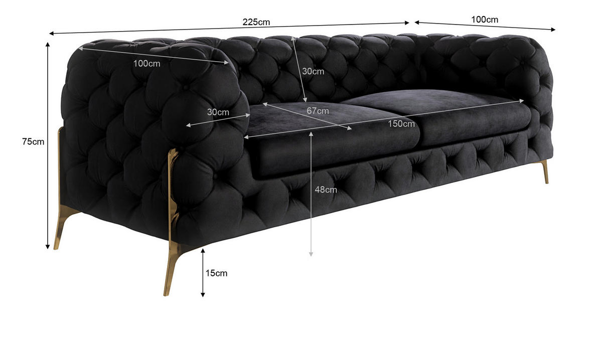CHESTERFIELD-SOFA 3-Sitzer Lexi Schwarz Samt - Goldfarben/Schwarz, Holz/Textil (225/75/100cm) - S-Style Möbel