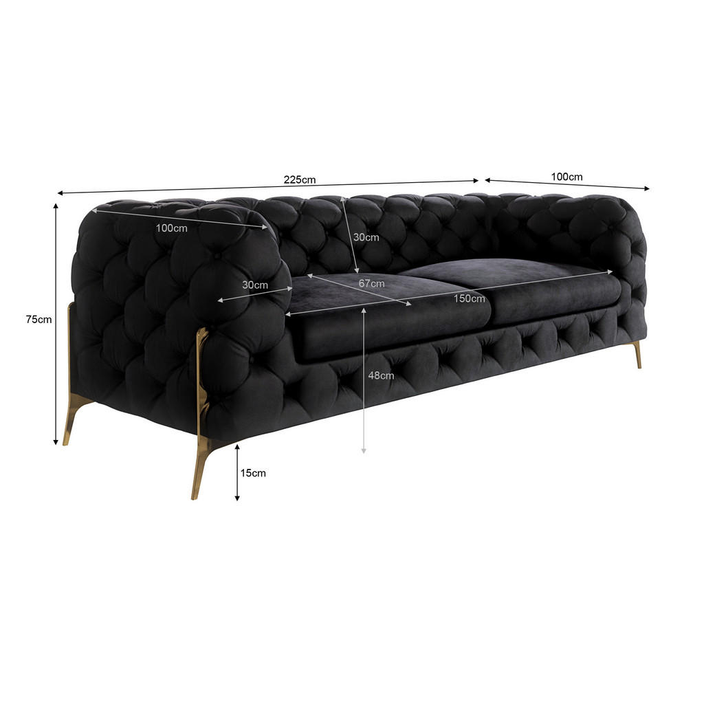 Thumbnail - S-Style Möbel Chesterfield-Sofa, Schwarz, Textil, Echtholz,Buche, Birke, 3-Sitzer, Füllung: Polyetherschaumkern, 225x75x...