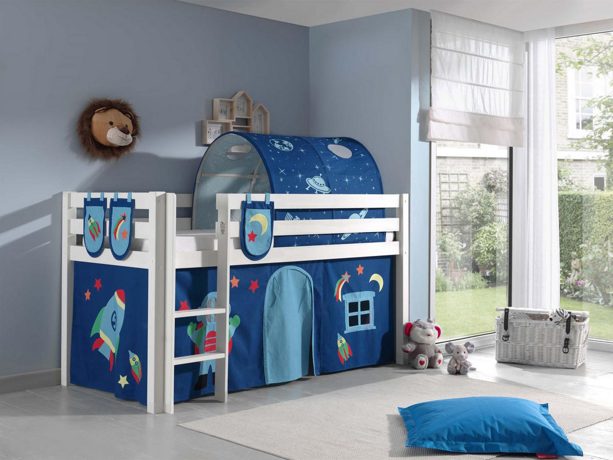 KINDERBETT Karolina 210x114x106 Massivholz Weiß Textilset Astro 4 - Blau/Weiß, Holz (90/200cm) - 58aufmkessel