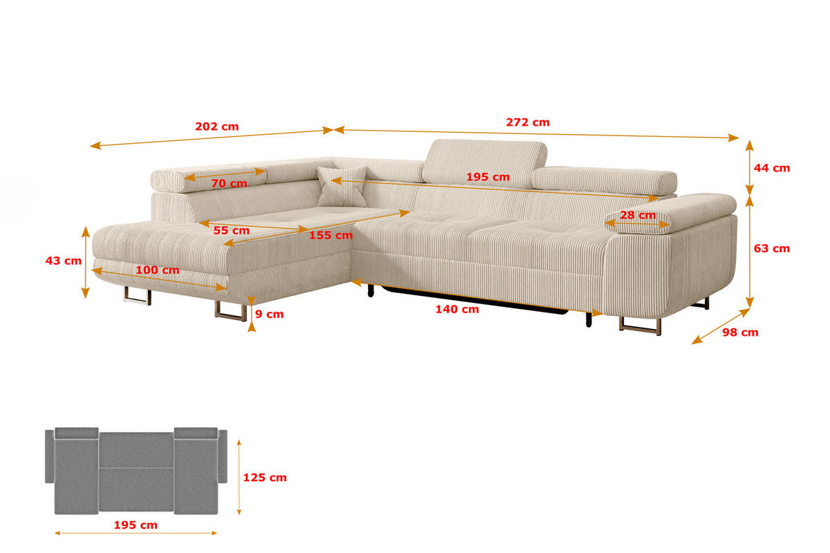 ECKSOFA mit Schlaffunktion und Bettkasten GUSA-L 272x202x107 cm Beige Cord - Beige/Silberfarben, Holzwerkstoff/Textil (202/272cm) - ALTDECOR