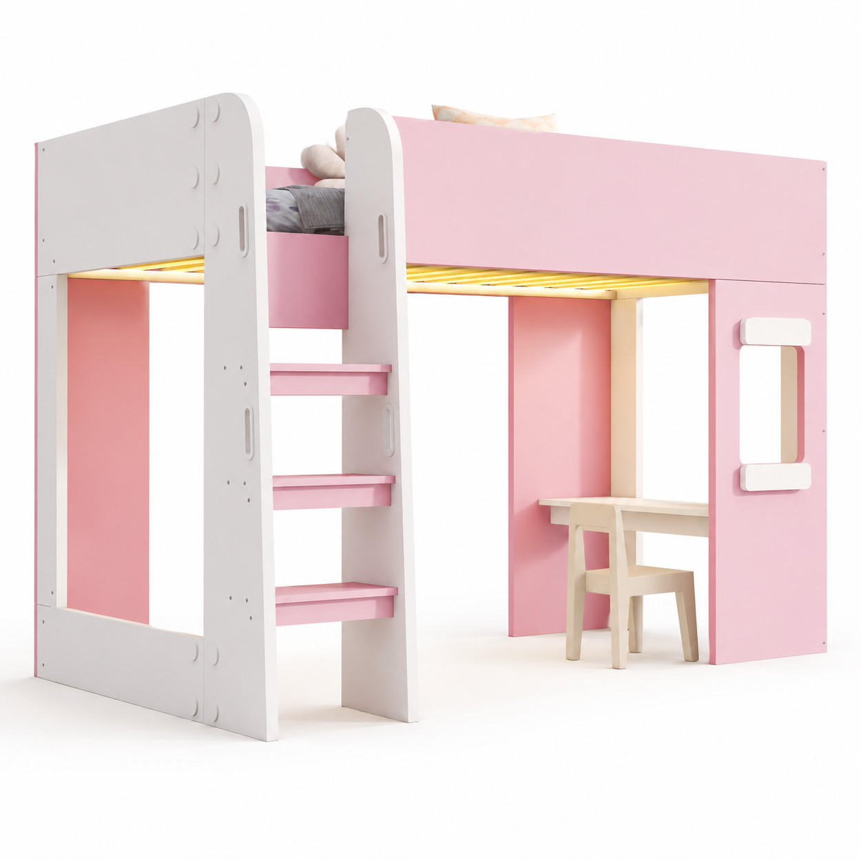 HOCHBETT aus MDF und Sperrholz 90x200 cm Rosa mit LED-Beleuchtung und Schreibtisch - Pink, Holzwerkstoff (90/200cm) - Modfu