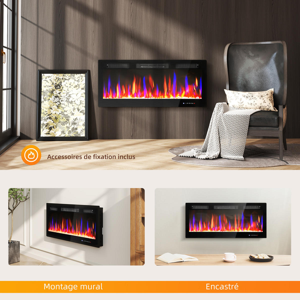 ELEKTROKAMIN DE-17070 Wandmontage 12 Farben 900/1800 W Schwarz - Schwarz, Metall (106.7/47/9.4cm) - ComfortXL