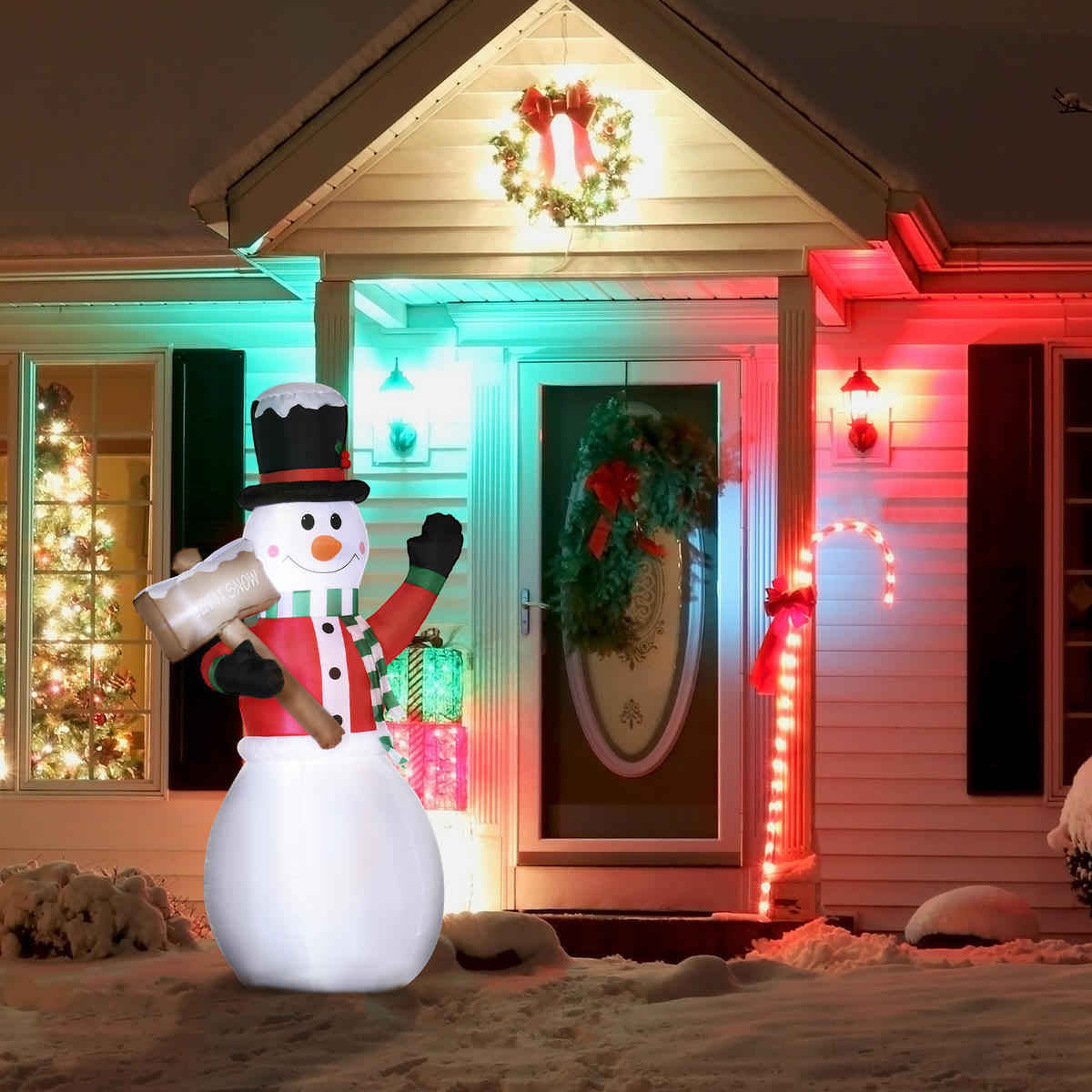 180 cm Aufblasbarer Schneemann mit Schild Weihnachtsdekoration mit LED-Licht - Weiß, Kunststoff (70/180/103cm) - Outsunny