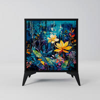 SIDEBOARD MIDNIGHT BLOSSOM, Schwarz, 57,5x42x70,5 cm, Schwarze Metall-Sternfüße - Multicolor/Schwarz, Holzwerkstoff/Metall (57.5/70.5/42cm) - SpaceRebels