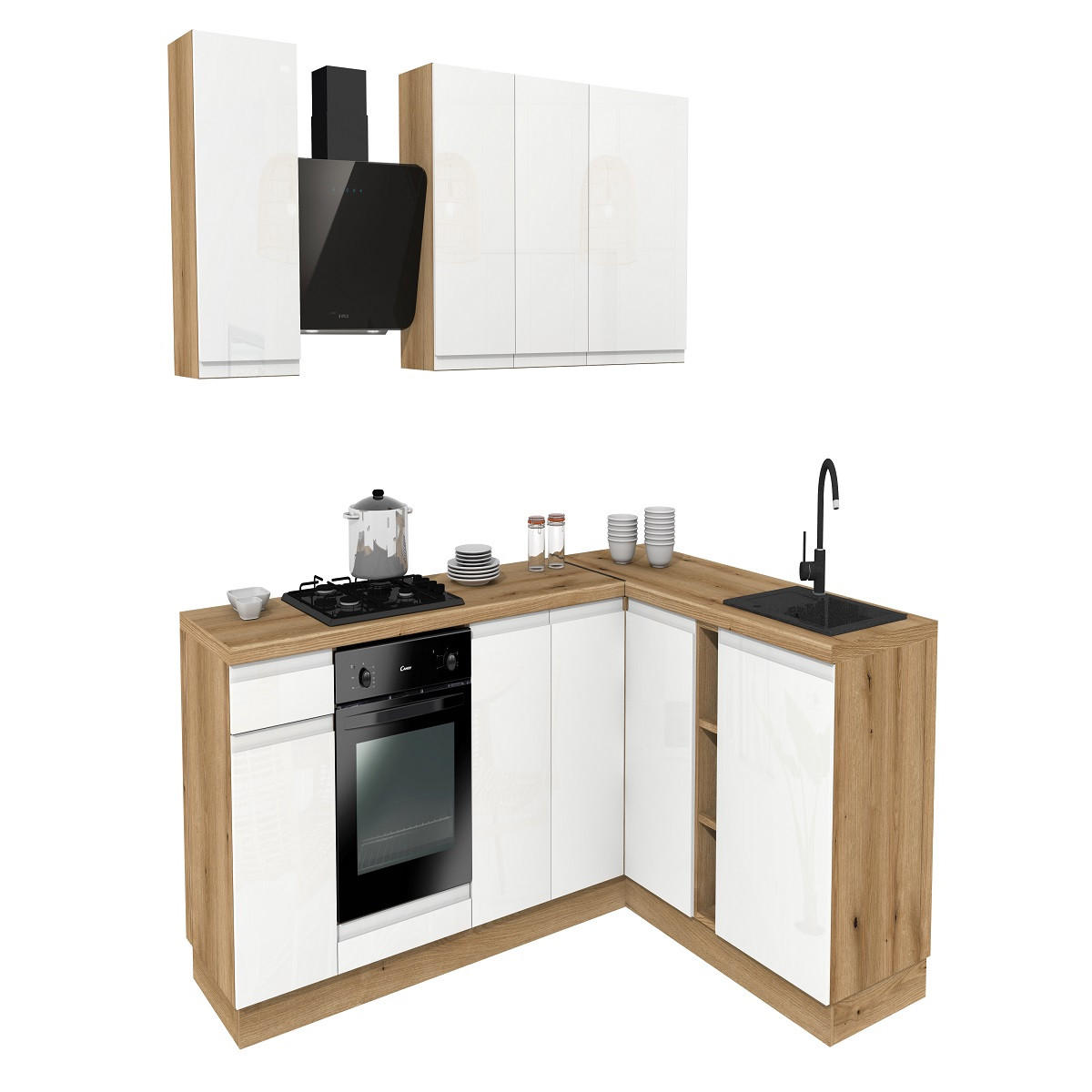 WINKELKÜCHE 240x180 cm mit Arbeitsplatte - SIMPLY Z13 - in Weiß Hochglanz / Eiche - Weiß Hochglanz/Eichefarben, Holz/Holzwerkstoff (420/212/53cm)