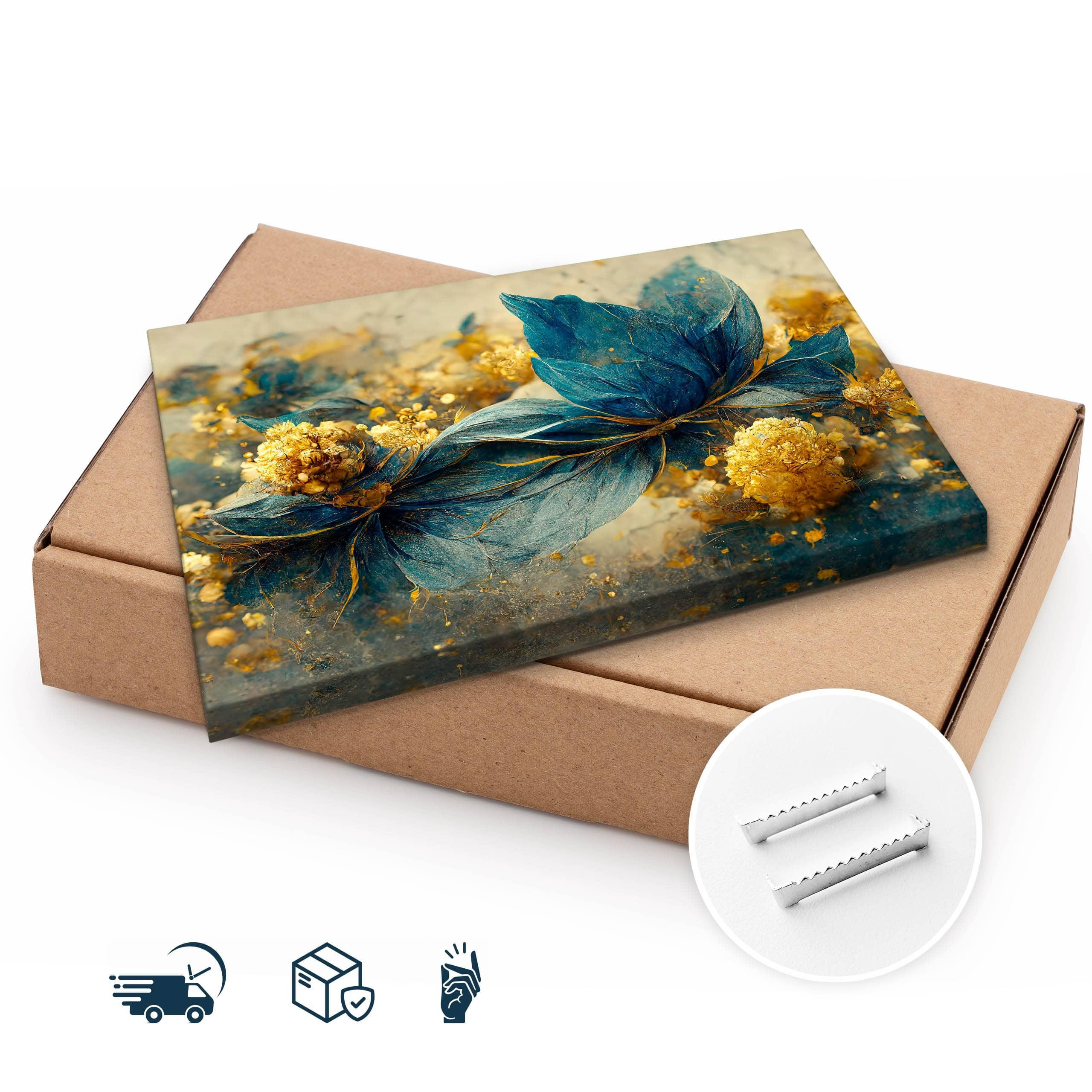 Thumbnail - Muralo Leinwandbild, Blau, Beige, Gelb, Türkis, Textil, Kiefer, Abstrakt, Floral, Rechteckig, 100x70 cm, einfache und sc...