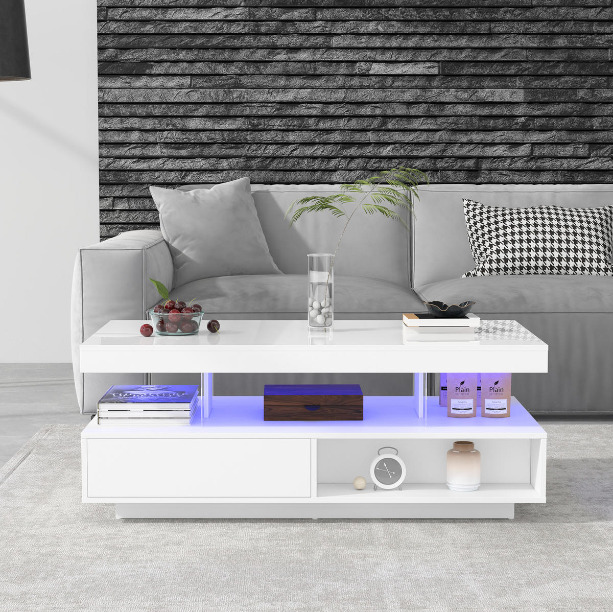COUCHTISCH mit LED 95 x 50 x 42,5 cm Hochglanz Weiß - Weiß, Holzwerkstoff (95/50/42.5cm) - Meubliv