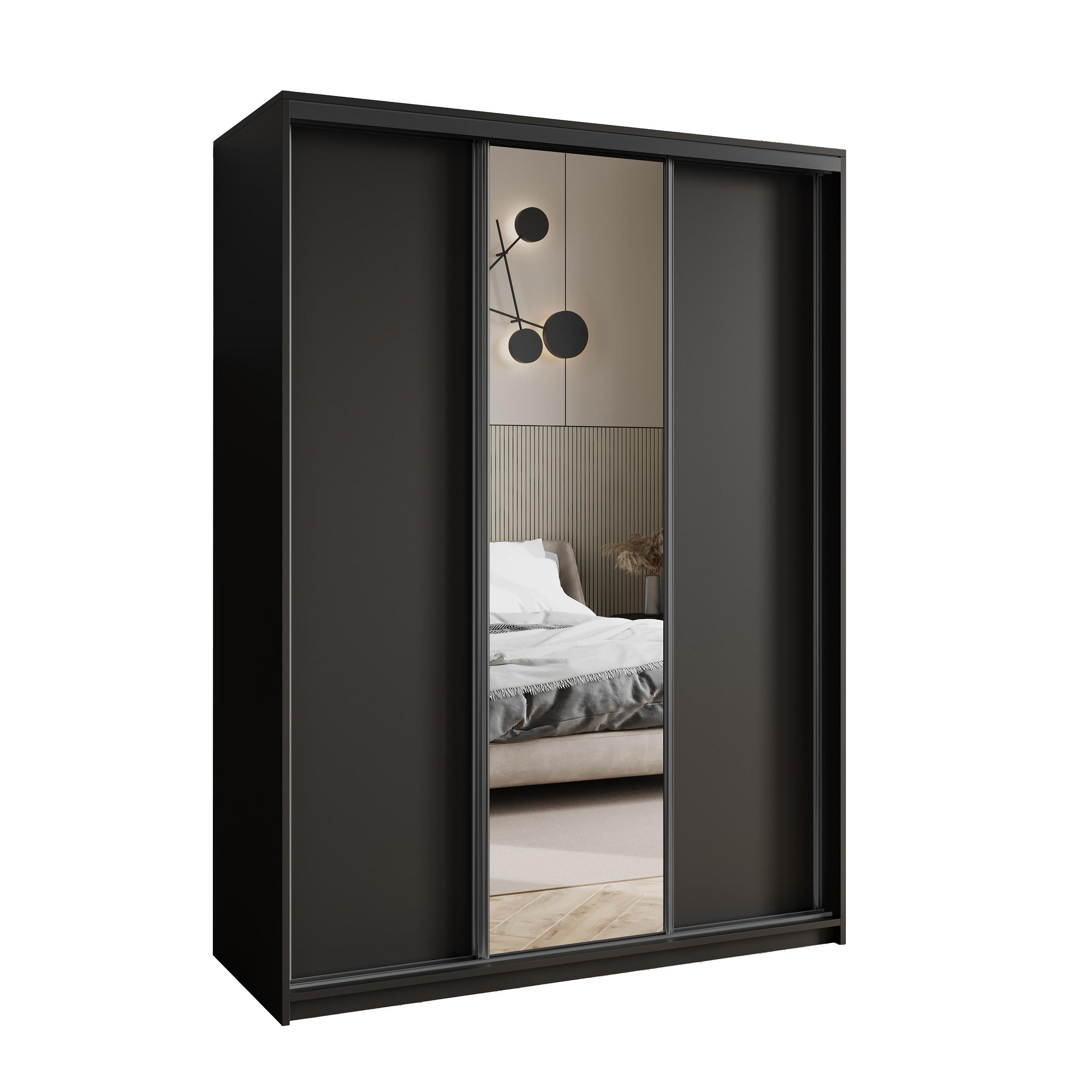 SCHWEBETÜRENSCHRANK TAVI 150/205/60 cm 3-türig mit Spiegel Schwarz - Schwarz, Holzwerkstoff (150/205/60cm) - MASSENO