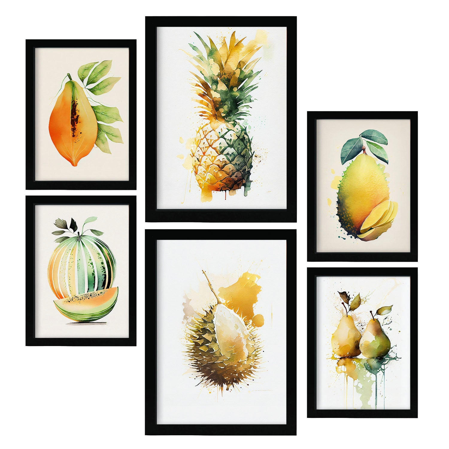 POSTER Set Mit 6 Tropische Früchte Plakate Von Obst Gemüse & Gesunden Lebensmitteln Im Aquarell Kunst Auf Reinweißen A3 & A4 Schwarzer Rahmen - Schwarz, Papier (29/3cm) - Nacnic