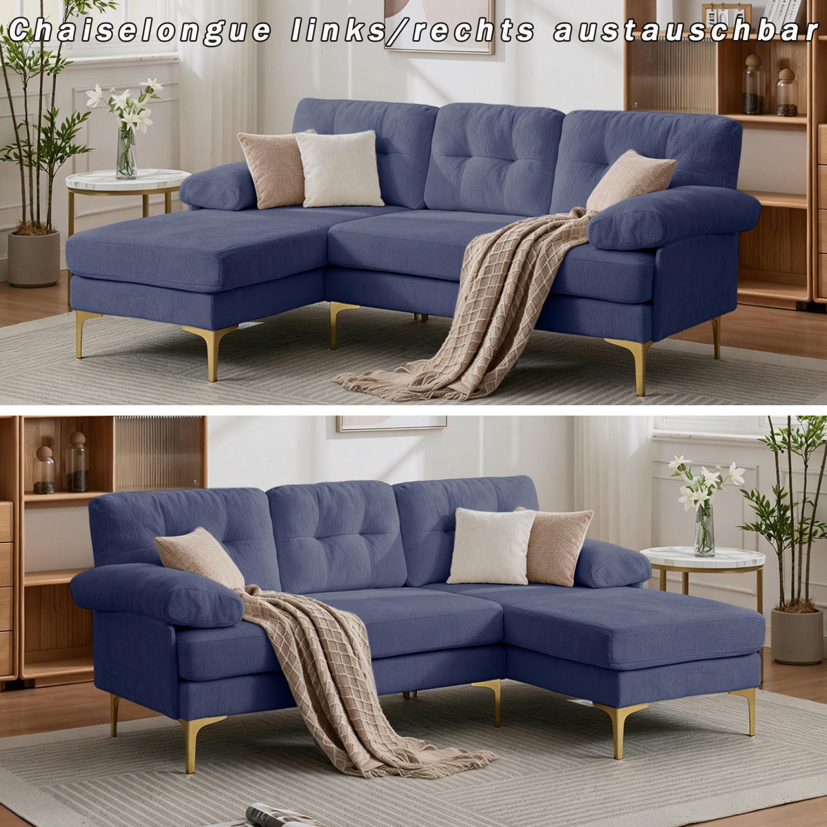 L-FÖRMIGES ECKSOFA Blau 187,5/130/79 cm 3-Sitzer Chenillebezug - Blau, Holz (187.5/130cm) - PANGIVO