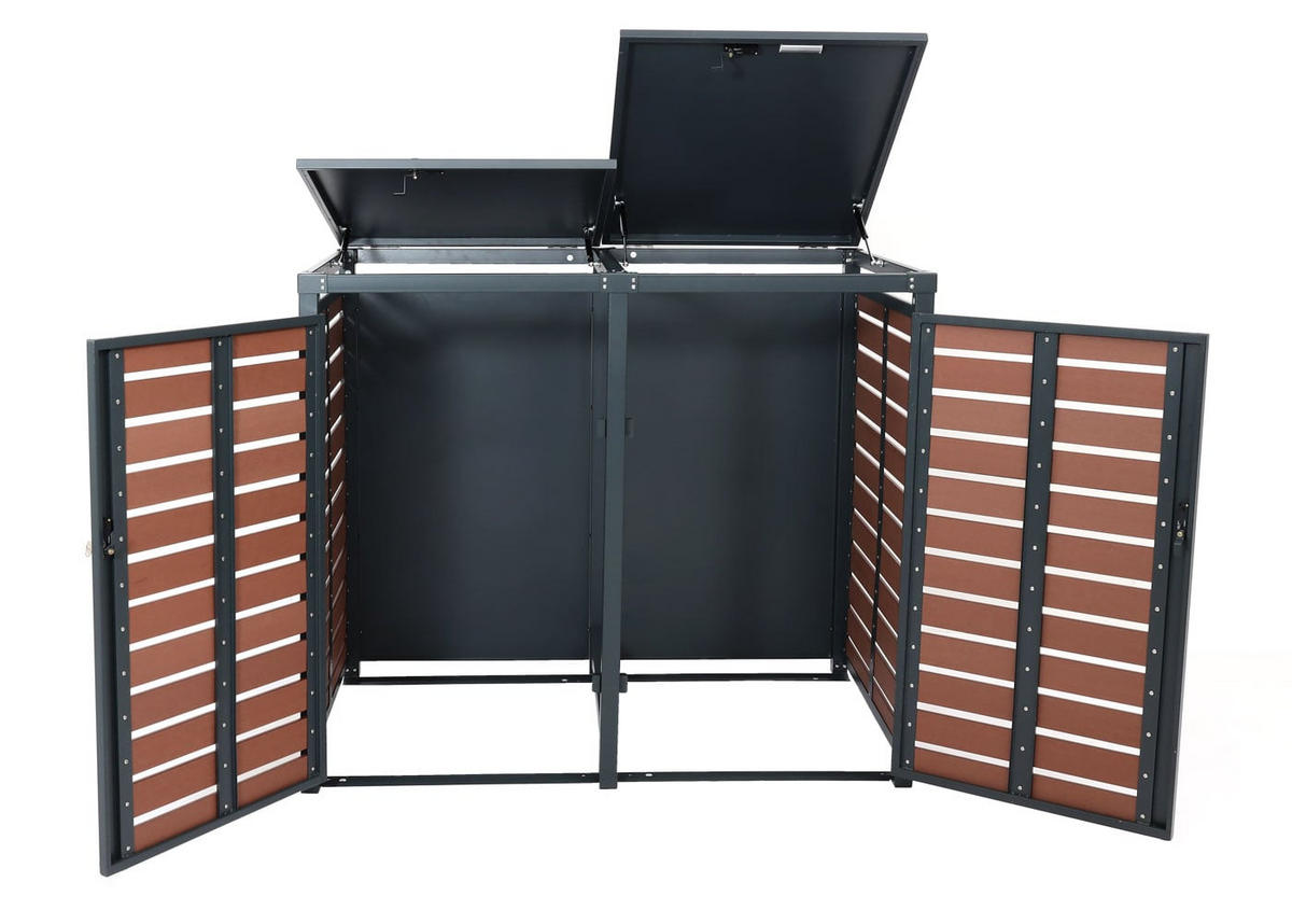 MÜLLTONNENBOX XL 2er-/4er HxBxT 119x140x102cm Walnuss-Holzoptik WPC Metall 86kg - Braun, Metall (140/119/102cm) - PROREGAL