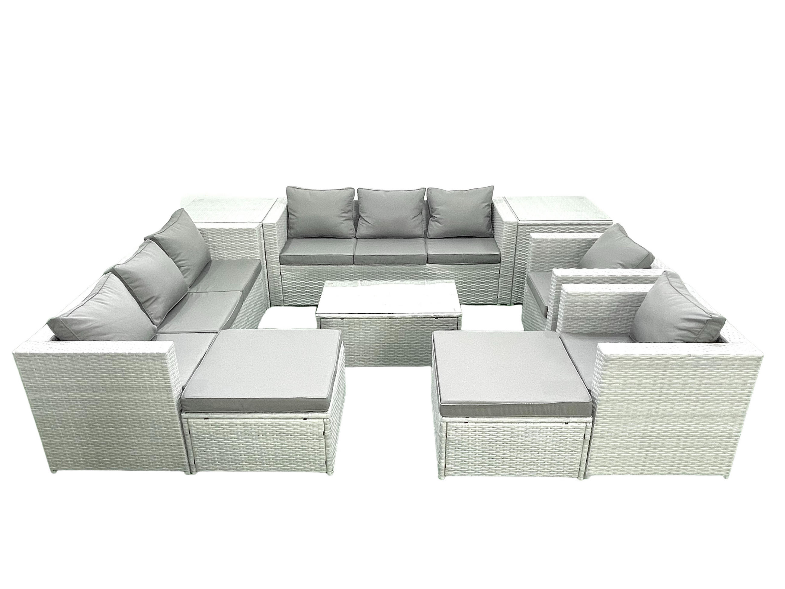 GARTENGARNITUR mit 3-SITZER SOFA,COUCHTISCH Polyrattan Hellgrau-Mix 10-Sitzer - Hellgrau/Grau, Glas/Kunststoff - Fimous