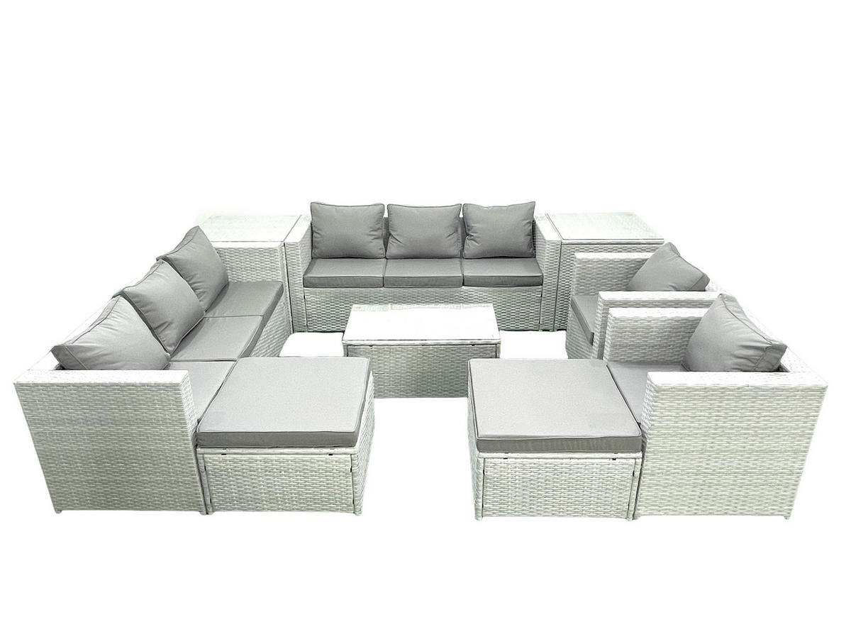 GARTENGARNITUR mit 3-SITZER SOFA,COUCHTISCH Polyrattan Hellgrau-Mix 10-Sitzer - Hellgrau/Grau, Glas/Kunststoff - Fimous