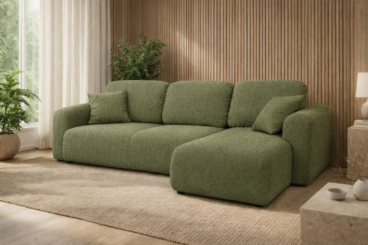 ECKSOFA Mit Schlaffunktion Und Bettkasten, Sofa L-Form Bingo L, Chenille-Stoff Artico, Moss, Rechts - Grün, Holz (250/142cm) - Kaiser Möbel