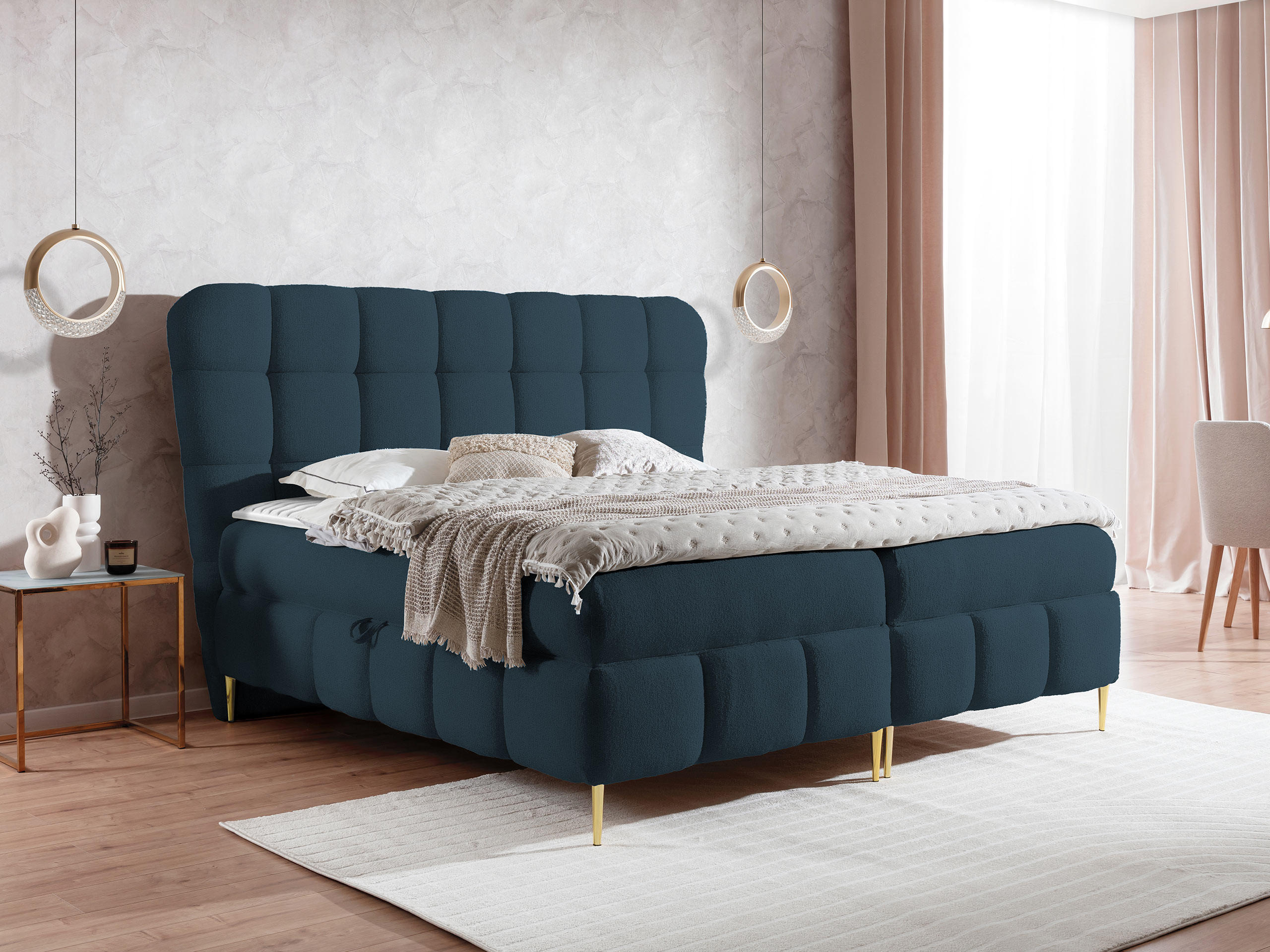 BOXBETT Lolly - Goldfarben/Dunkelblau, Holz/Textil (140/200cm) - MIRJAN24