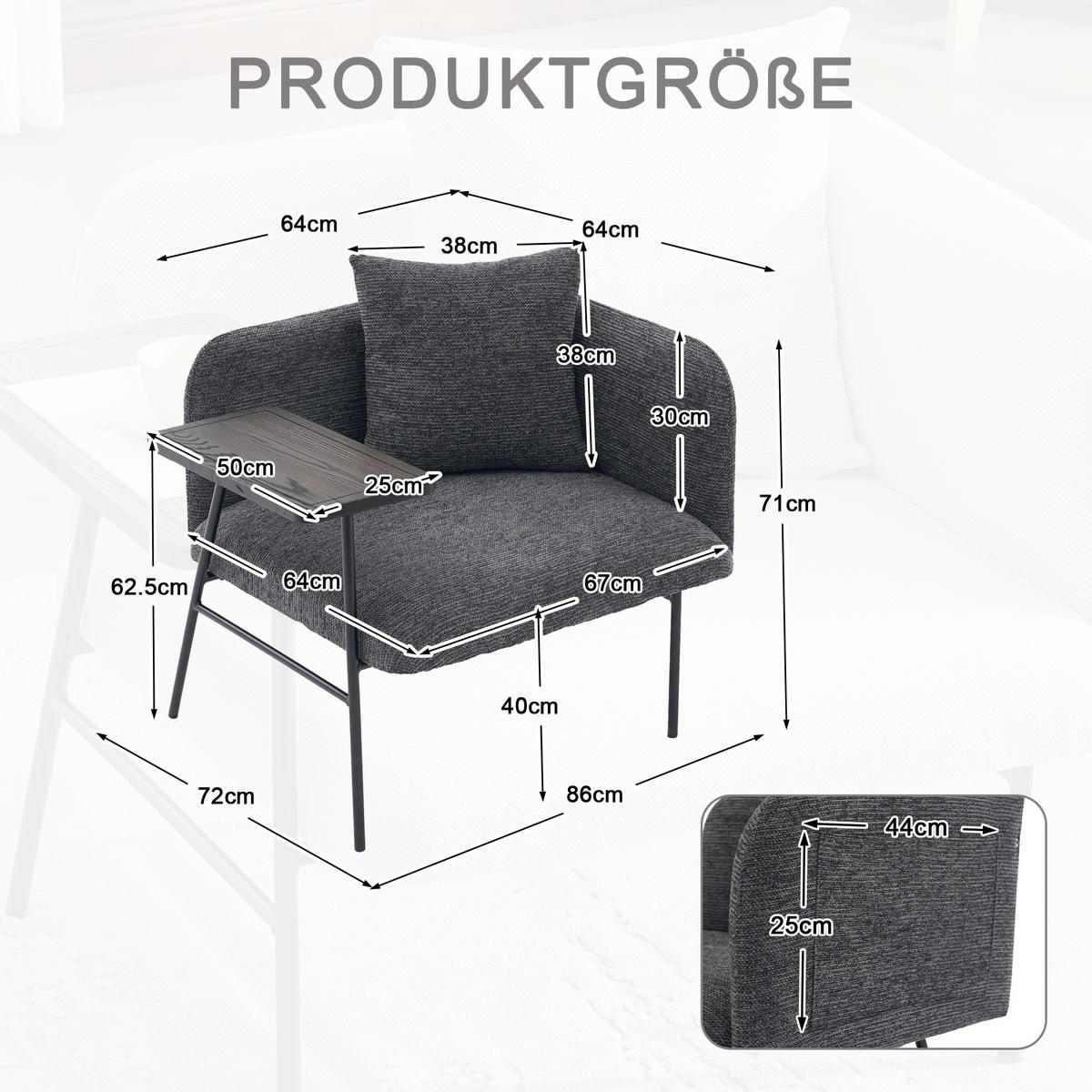 SESSEL Chenille Dunkelgrau mit Beistelltisch und Seitentaschen - Dunkelgrau, Textil/Metall (86/71/72cm) - WISHDOR