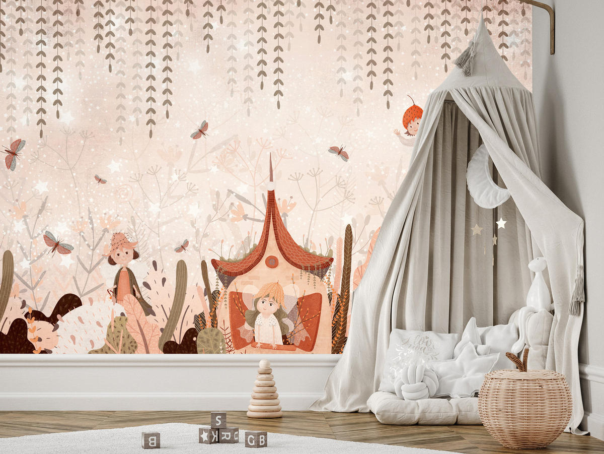 FOTOTAPETE für Kinderzimmer Feen Aquarell Wald Blumen Blätter Boho 150x105 - Beige/Orange, Papier (150/105cm) - Muralo